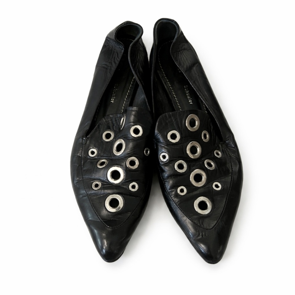 Proenza Schouler Black Leather Grommet Pointed Toe Loafer